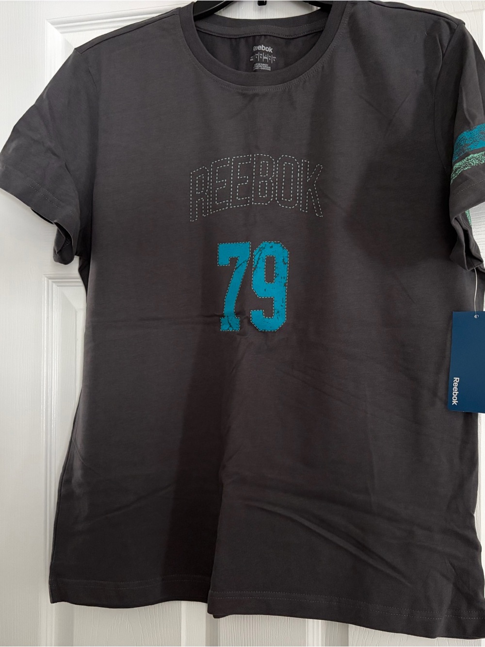 Vintage Look Reebok Dark Gray Short-Sleeve Tee with Teal '79' Graphic